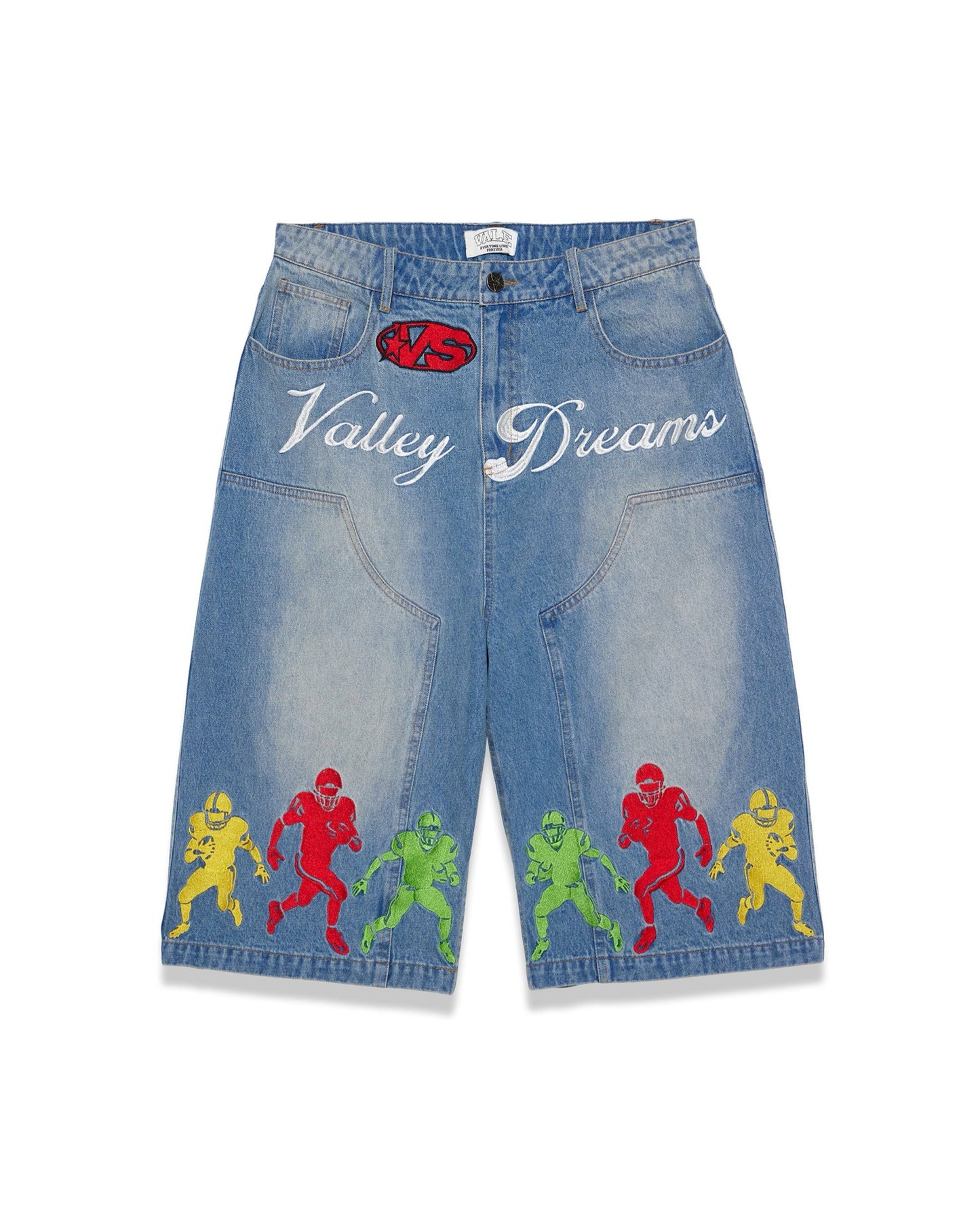 VALE FOREVER VALLEY DREAM FOOTBALL BLUE DENIM MEN JORTS SZ 32