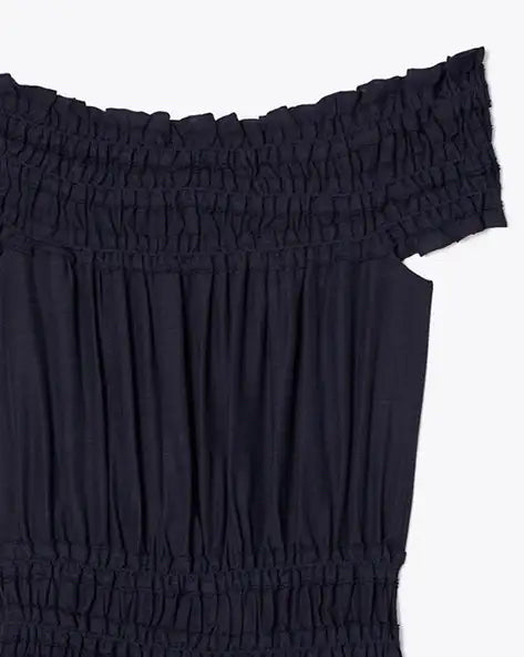 NWT Tory Burch Navy Asymmetrical Smocked Cotton Off Shoulder Dress Wmns Sz M