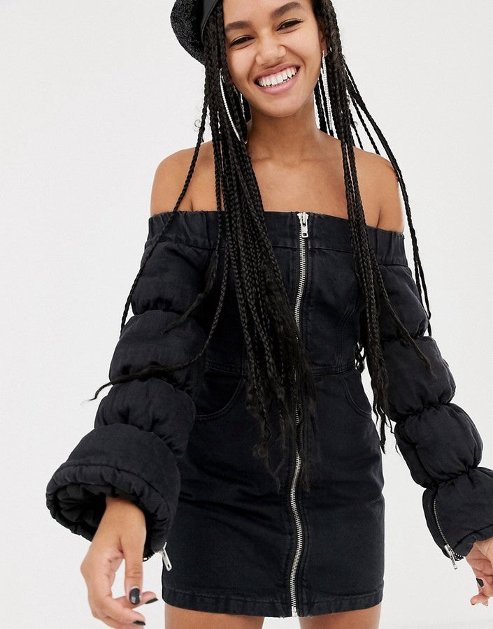 NWT Asos X LaQuan Smith Black Padded Off Shoulder Bardot Dress Denim Wmns Sz 6