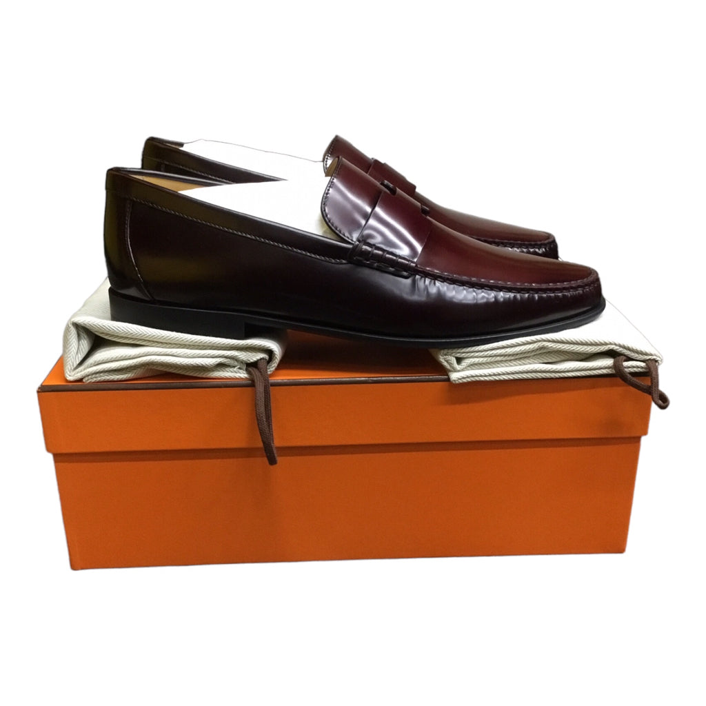 NWB Hermes Duke Loafer Mens Sz 43 Burgundy Calf Skin Leather Slip Dress shoe