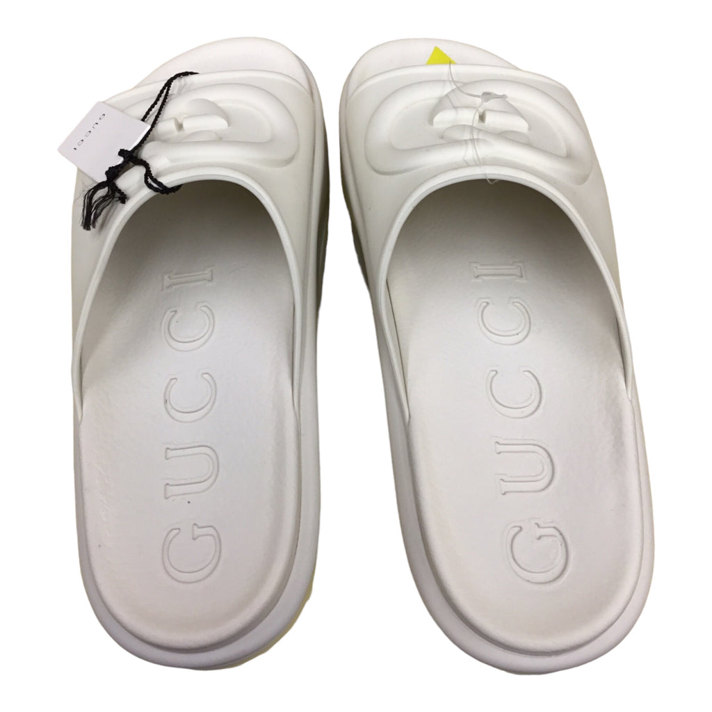 GUCCI Slide Slip On Sandals White Cream Ivory Sz 41 Logo Y2k Designer Slides NWB