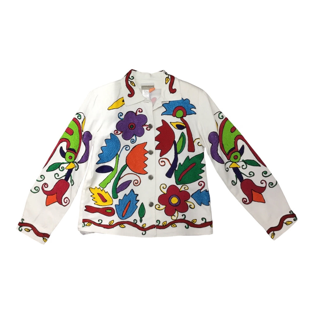 VTG Coldwater Creek Chainstitched Girasol Style Colorful Floral Birds White Denim Jacket Wms Sz S