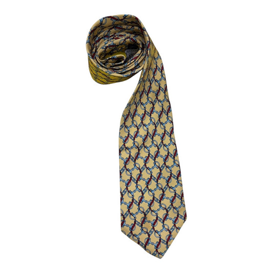 Burberry Yellow 100% Silk Blue Locks Red Ribbon Print Mns Tie