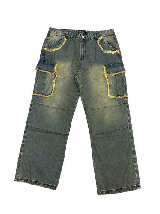 NWOT Vale Forever Mns Sz 40 Vintage Orange Green Wash Frayed Wide Leg Jeans Oversize