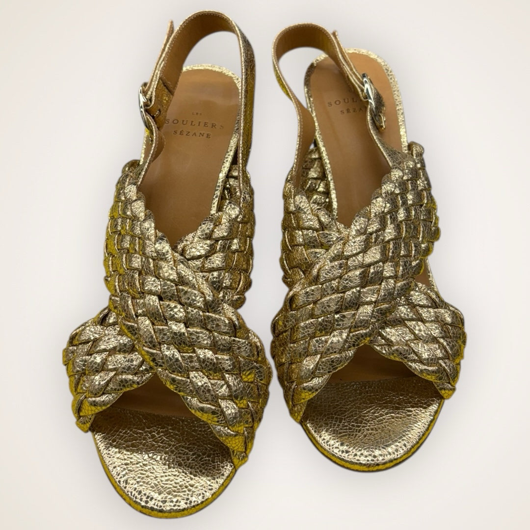 Sezane High Maude Size 38 gold metallic heel braided Sandal designer evening