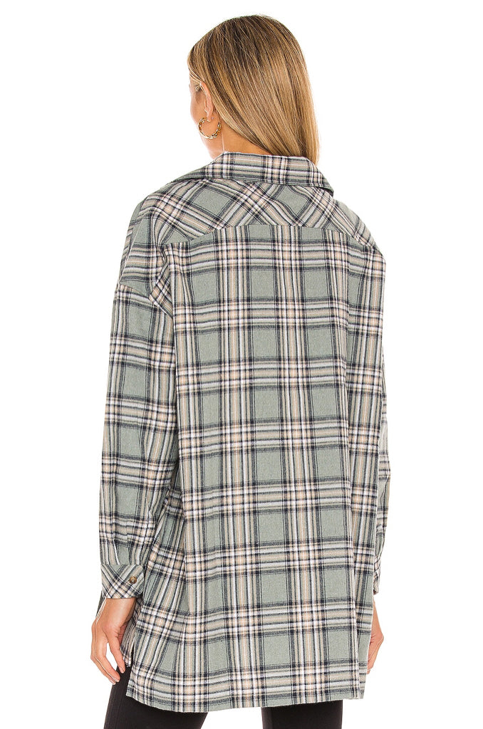 NWT Lover and Friends Gela Oversized Button Down Top Sage Plaid Wmns Sz S