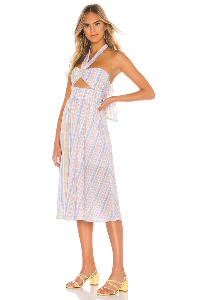 NWT MAJORELLE Florian Midi Halter Dress In Pastel Plaid SZ S