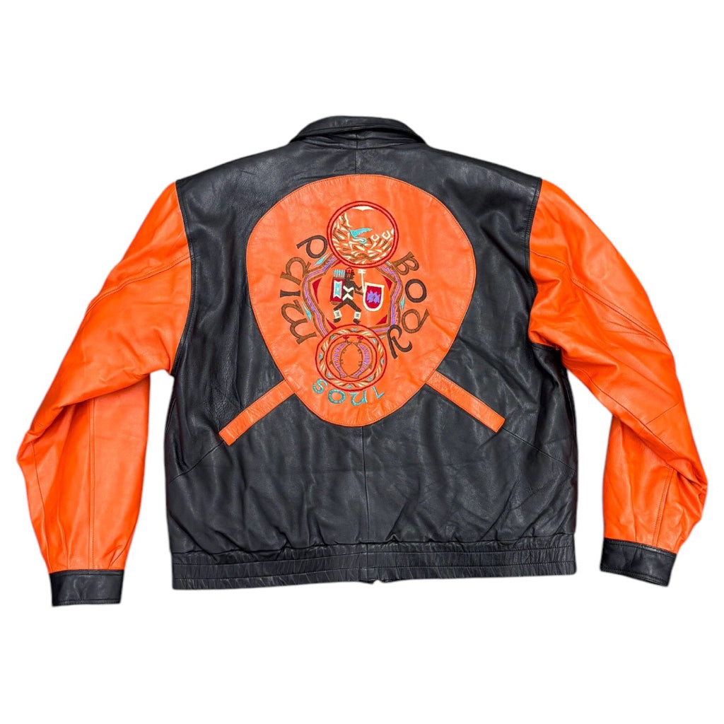 LEATHER 9000 Men's Embroidered Leather Varsity Jacket Orange Black Sz L