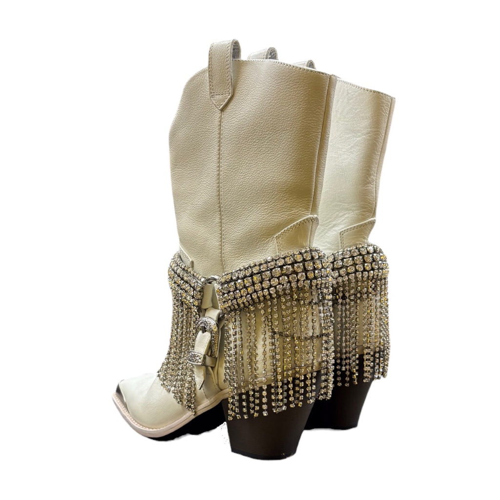Daniel x Diamond High Noon Crystal-Harness White Western Heel Booties Shoe Wmns Sz 6 Boots