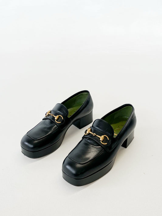 NWB Gucci Houdan 15 Black Horsebit Leather Platform Loafer Wm Sz 36 Block Heel