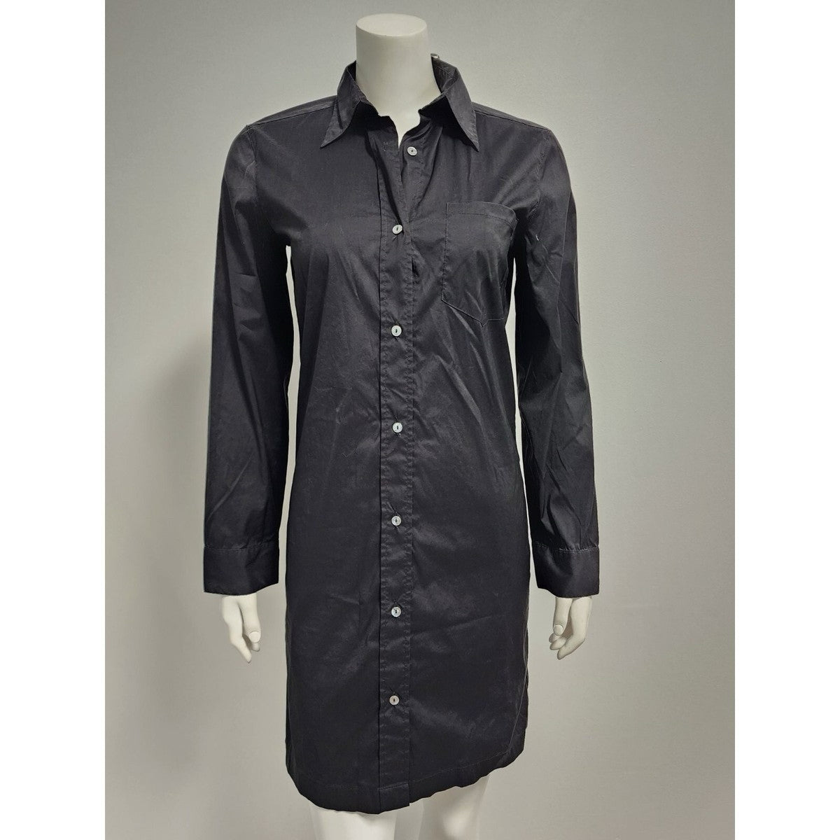Weekend Max Mara Minimalist Lycra Black Cotton Button Up LS  Shirt Dress Sz 6