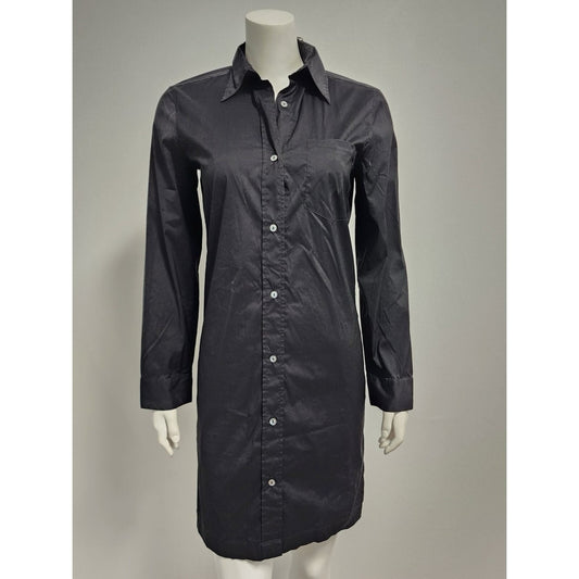Weekend Max Mara Minimalist Lycra Black Cotton Button Up LS  Shirt Dress Sz 6
