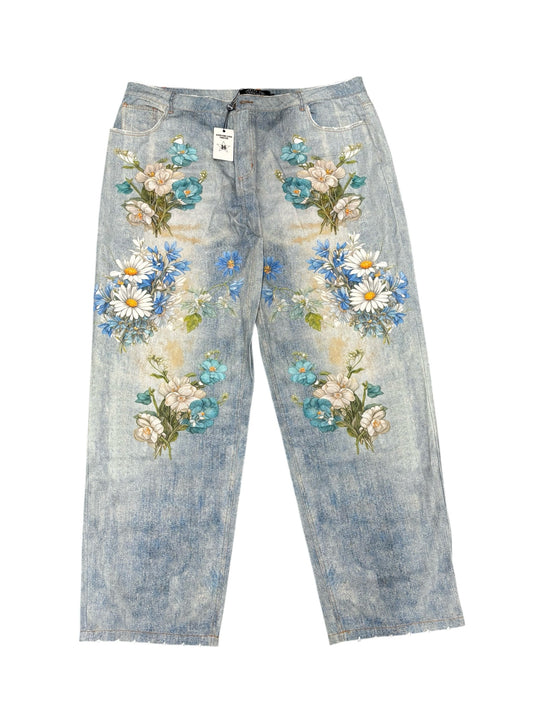 NWT Vale Forever Mns 40 Light Blue Garden Denim Jeans Floral Print Pants