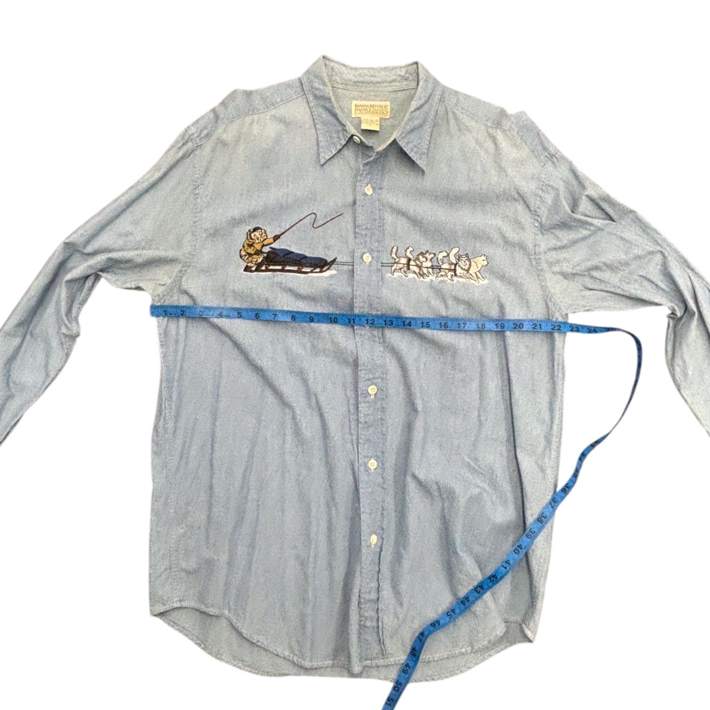 BANANA REPUBLIC Safari Mens Vintage Y2K Embroidery Blue Denim Long Sleeve Button Sz L