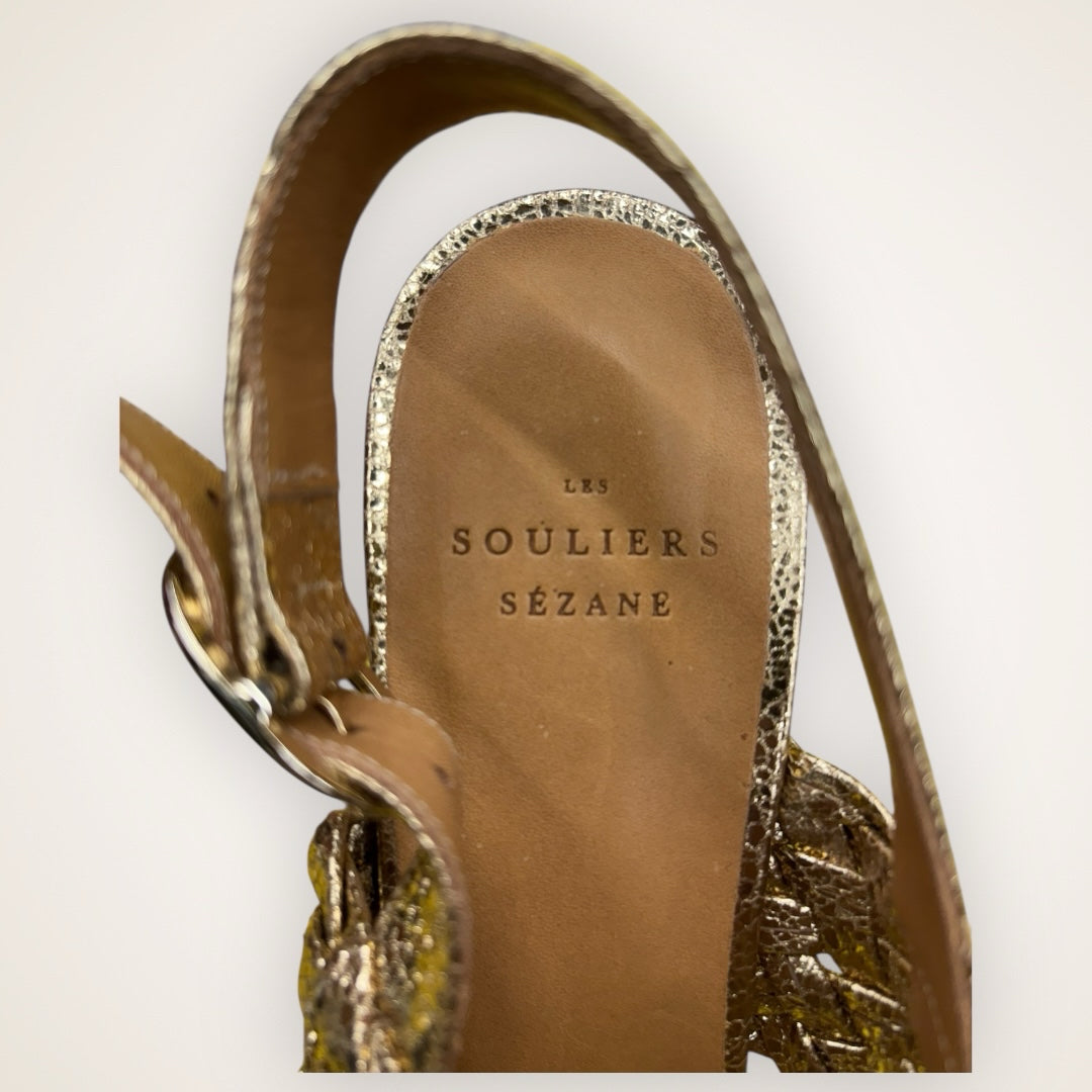 Sezane High Maude Size 38 gold metallic heel braided Sandal designer evening