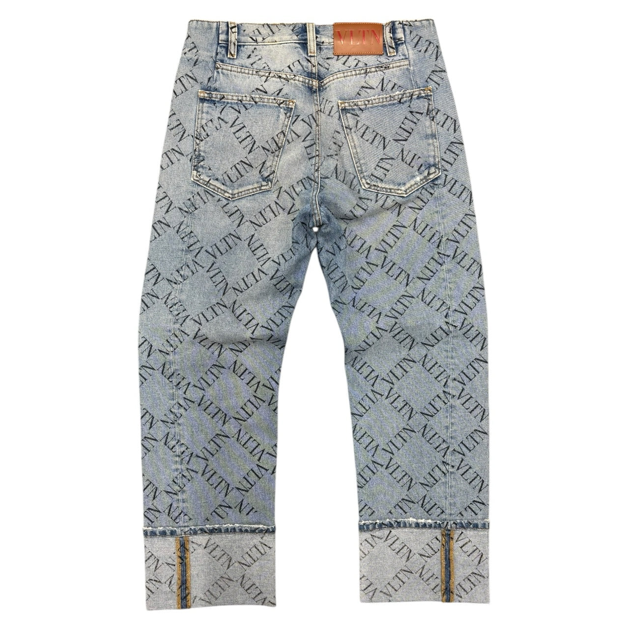 Valentino VLTN Name Grid Print Light Wash Straight Leg Cuffed Jeans Men Sz 30