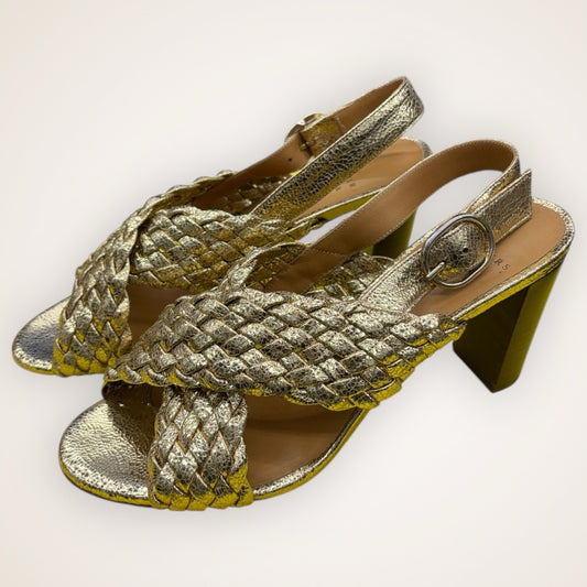 Sezane High Maude Size 38 gold metallic heel braided Sandal designer evening