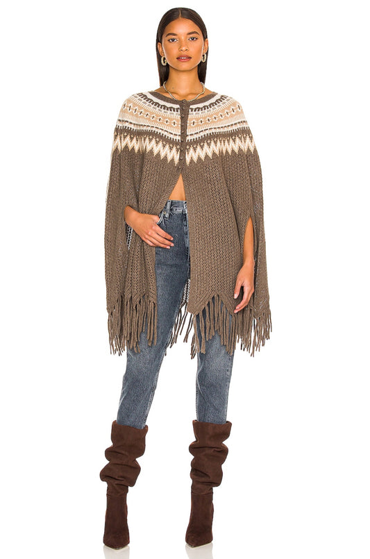 NWT Autumn Cashmere Fair Isle Pointelle Fringe Wmn Poncho One Sz Driftwood Camel