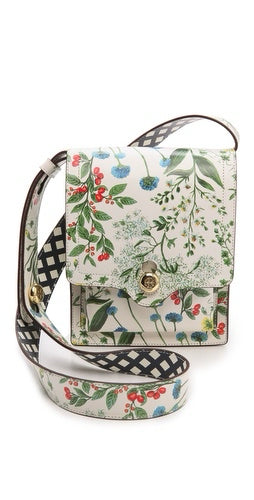NYFW SS14 Tory Burch White Botanical Floral Print Messenger Bag Creme Crossbody