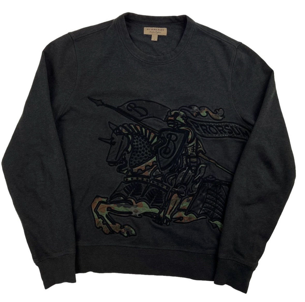 Burberry Gray Camo Leather Equestrian Knight Crewneck Mns Sz M Charcoal Sweater