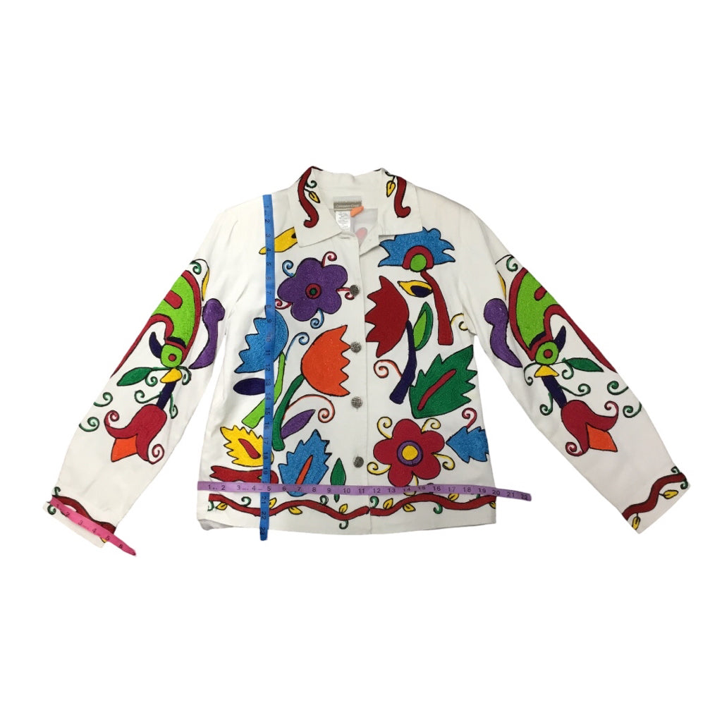 VTG Coldwater Creek Chainstitched Girasol Style Colorful Floral Birds White Denim Jacket Wms Sz S