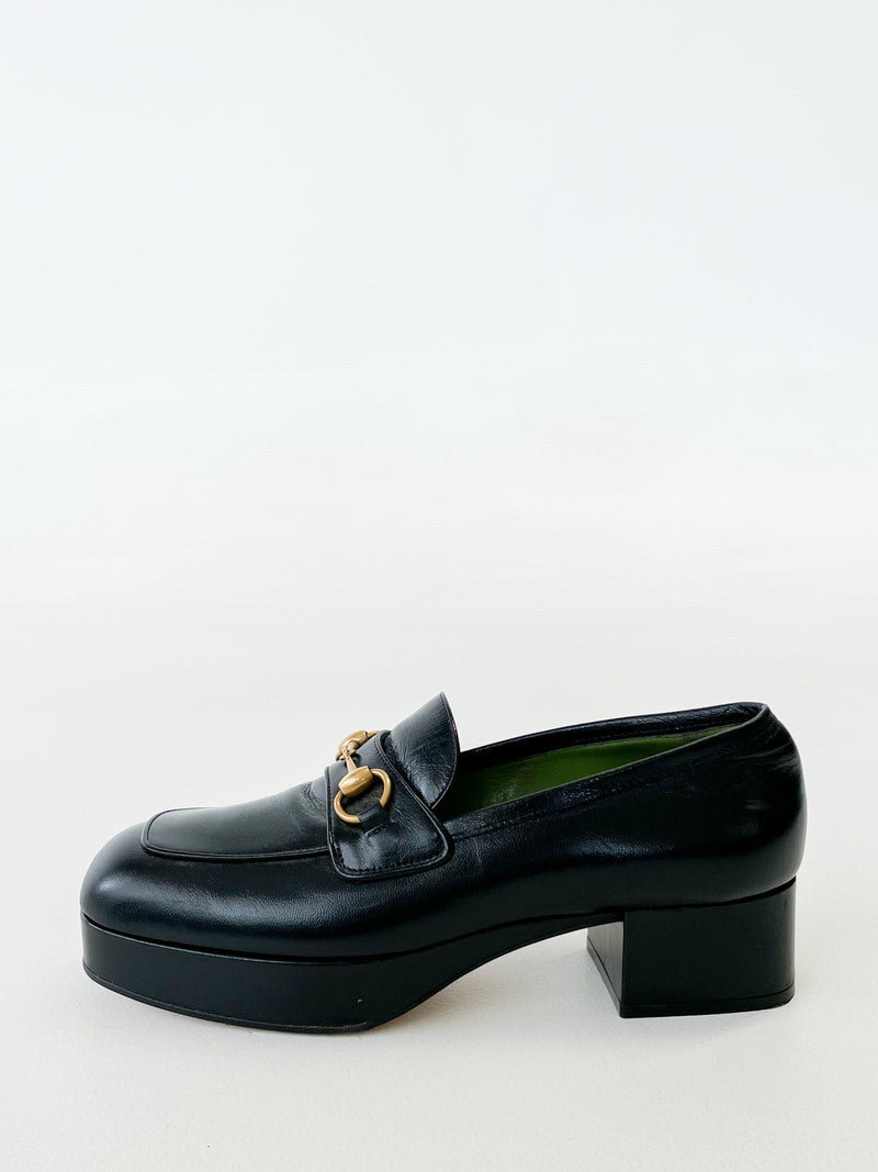 NWB Gucci Houdan 15 Black Horsebit Leather Platform Loafer Wm Sz 36 Block Heel