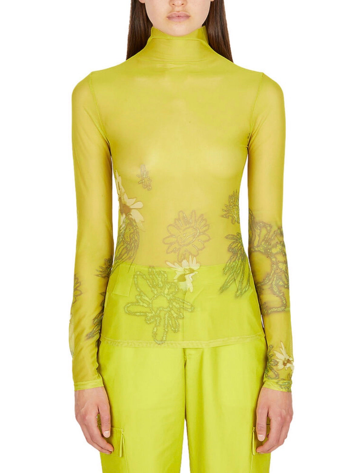 NWT Collina Strada Basically Green Mesh Cardio Nova Top Sz S LS Floral Mock Neck