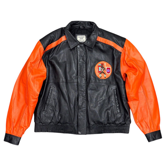 LEATHER 9000 Men's Embroidered Leather Varsity Jacket Orange Black Sz L