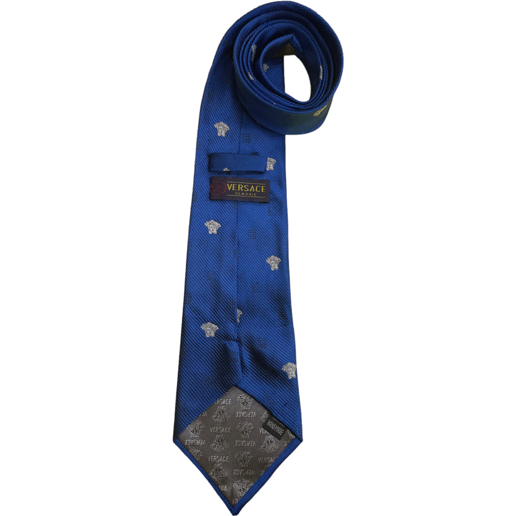 Men's Vintage VERSACE 100% Silk Woven Designer Tie Blue Print Hand Made