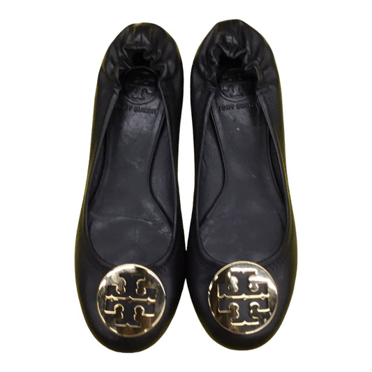 TORY BURCH  Flats Reva Gold Logo Stretch Ballet Black Shoes Leather Womens Sz 6