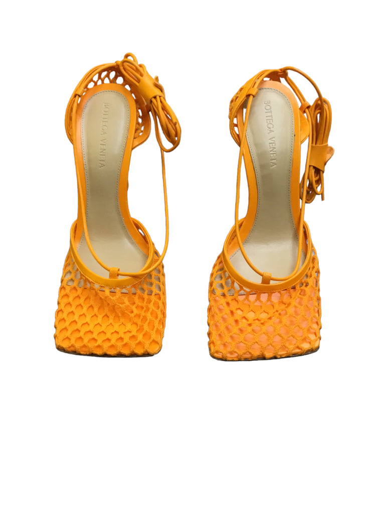 NWB BOTTEGA VENETA Stilleto Heels Sandals Shoe Size 37.5 Orange Netted Square Toe