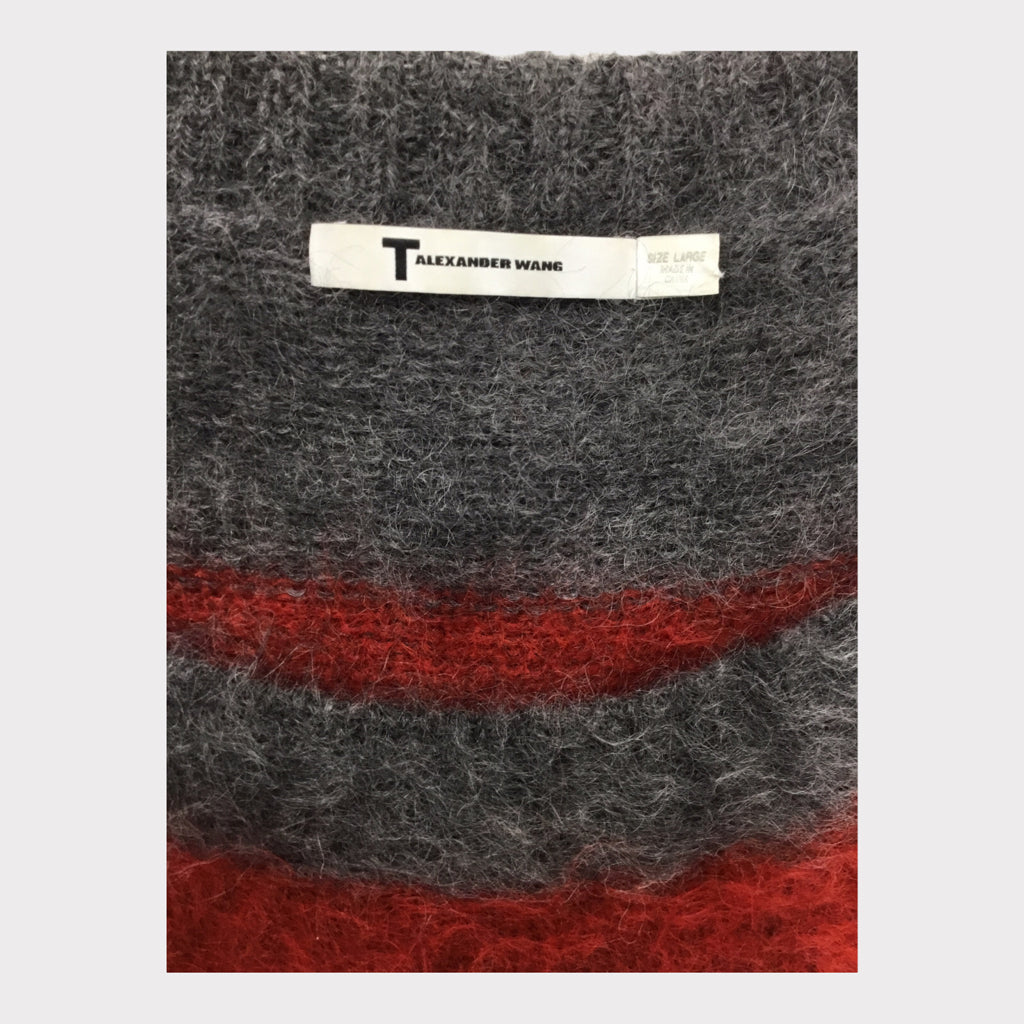ALEXANDER WANG Mohair Stripped LS Sweater Size Large Red Gray Casual Designer