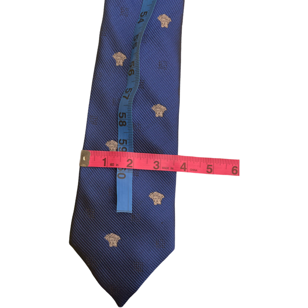 Men's Vintage VERSACE 100% Silk Woven Designer Tie Blue Print Hand Made
